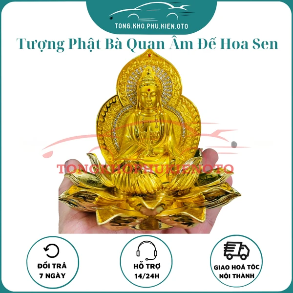 Tượng Phật bà Quan Thế Âm đính đá đế hoa sen tâm linh may mắn đặt taplo ô tô, xe hơi PKN-160