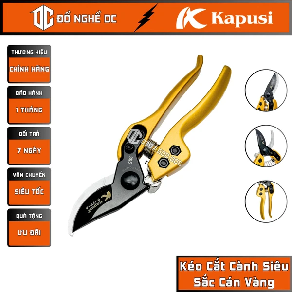 Kéo Cắt Cành Siêu Sắc, Kéo Tỉa Cành Cây, Dụng cụ Làm Vườn Đa Năng Cán Vàng K-8642 Kapusi Nhật Bản, thép SK5, Cắt cành