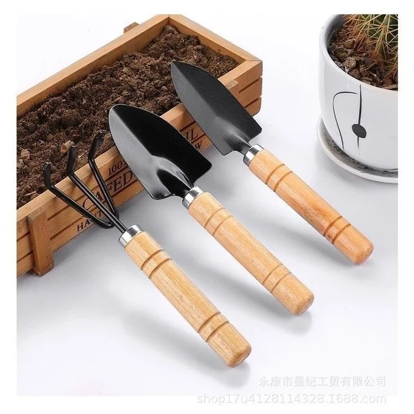 Dụng cụ làm vườn mini,Bộ dụng cụ làm vườn mini cao cấp 3 món cán gỗ, làm vườn trồng cây cảnh bonsai