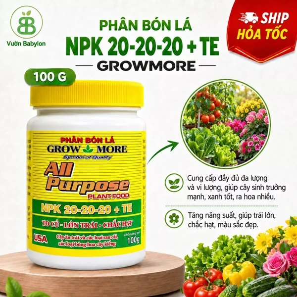 Phân Bón Lá NPK 20-20-20 + TE Growmore, Phân 20 đều Kích Chồi Và Lá, Cung Đủ Dinh Dưỡng Cho cây Vuonbabylon - Hũ 100G