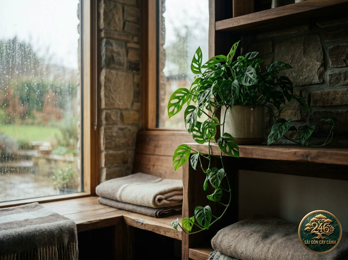 Ảnh phối cảnh Trầu bà lá rách Monstera adansonii trong không gian nội thất Biophilic hiện đại