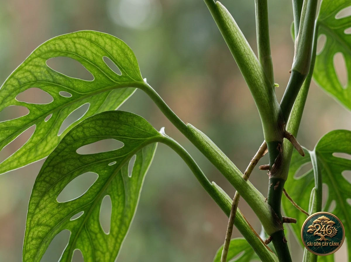 Ảnh chi tiết Trầu bà lá rách Monstera adansonii: đặc điểm nhận diện hình thái học lá và thân