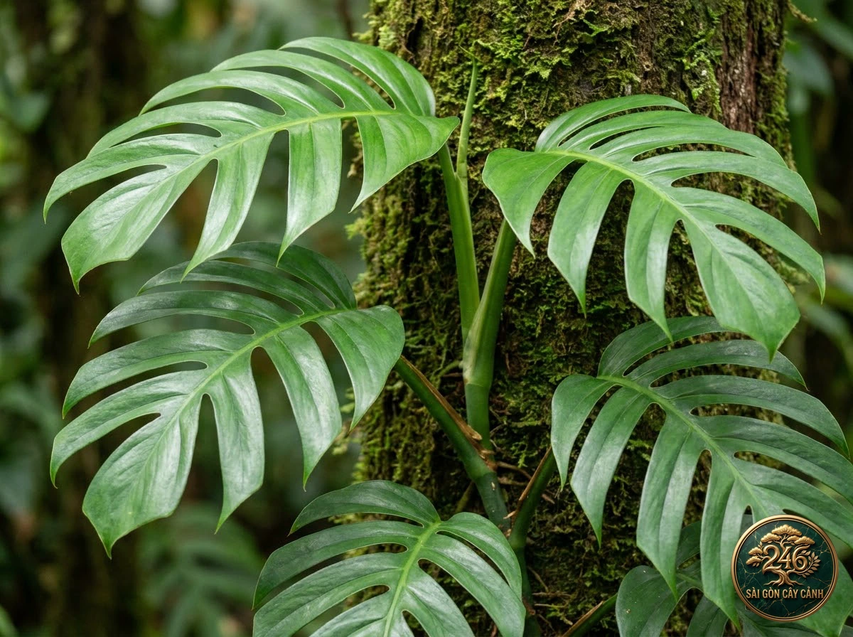 Ảnh chi tiết Trầu bà lá lông vũ Monstera subpinnata: đặc điểm nhận diện hình thái học lá và thân