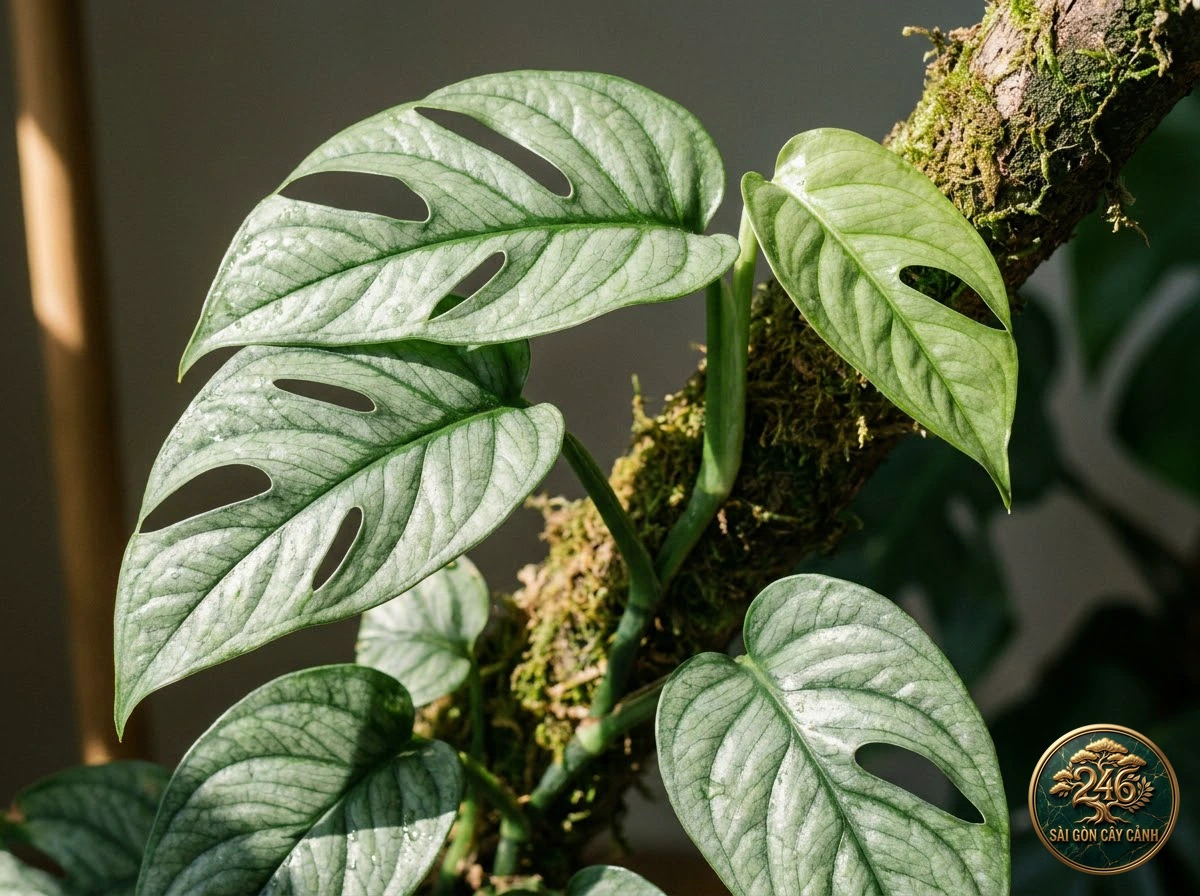 Ảnh chi tiết Trầu bà bạc Monstera siltepecana: đặc điểm nhận diện hình thái học lá và thân