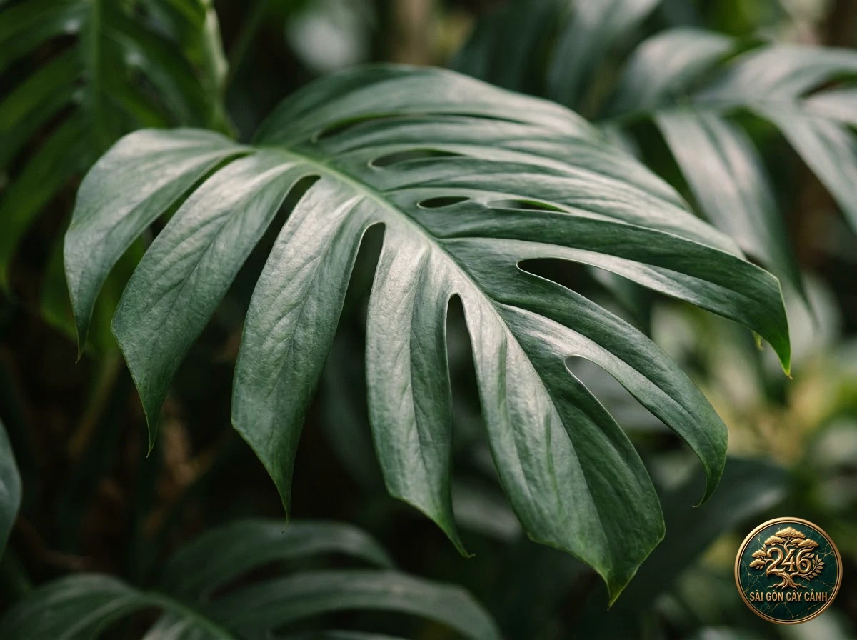 Ảnh chi tiết Trầu bà xẻ sâu Monstera pinnatipartita: đặc điểm nhận diện hình thái học lá và thân