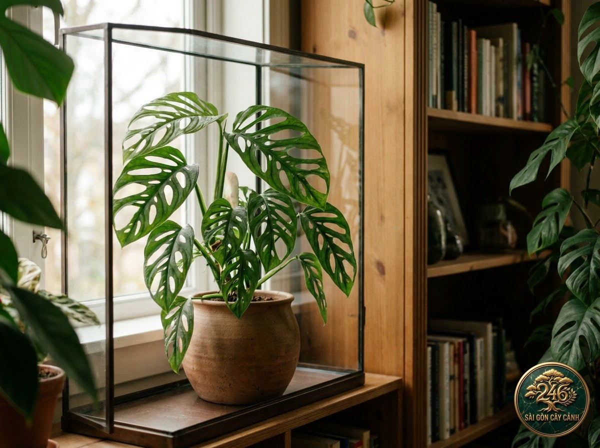 Ảnh phối cảnh Trầu bà lỗ quý Monstera obliqua trong không gian nội thất Biophilic hiện đại