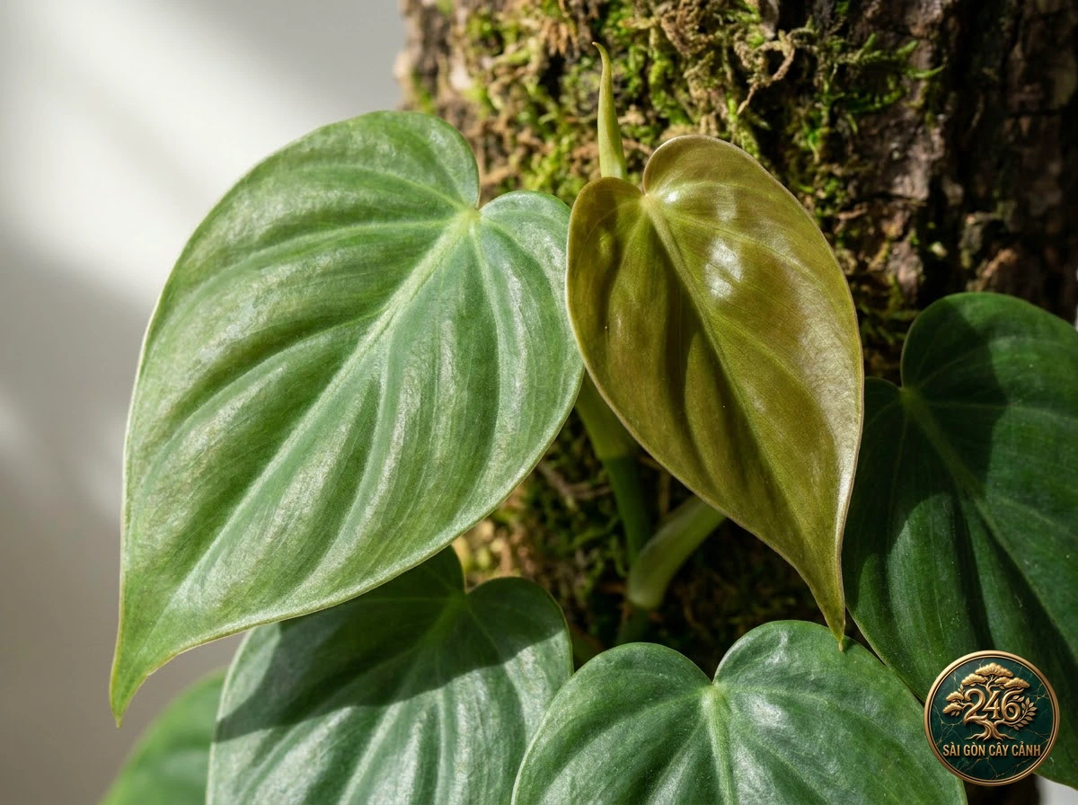 Ảnh chi tiết Trầu bà tim xanh Philodendron hederaceum: đặc điểm nhận diện hình thái học lá và thân