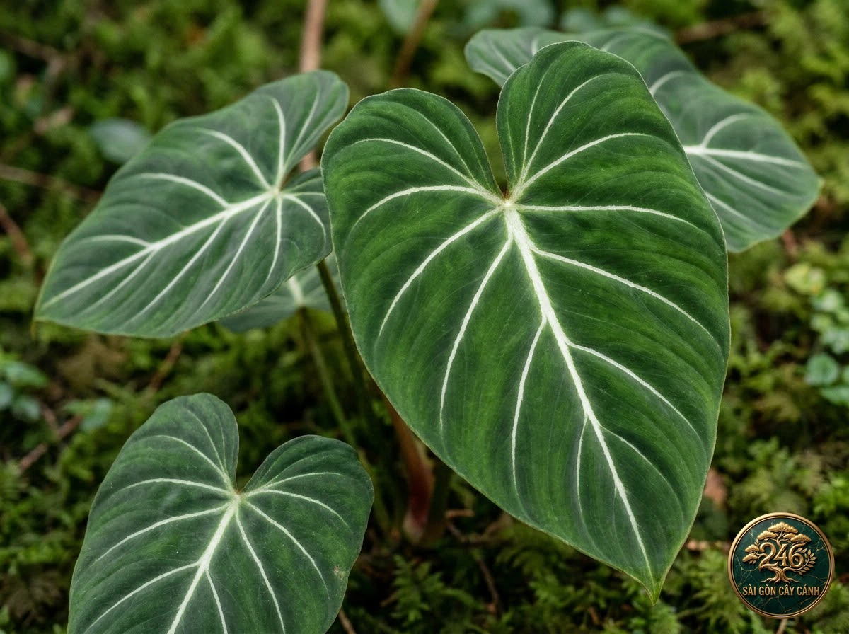 Ảnh chi tiết Trầu bà nhung gân trắng Philodendron gloriosum: đặc điểm nhận diện hình thái học lá và thân