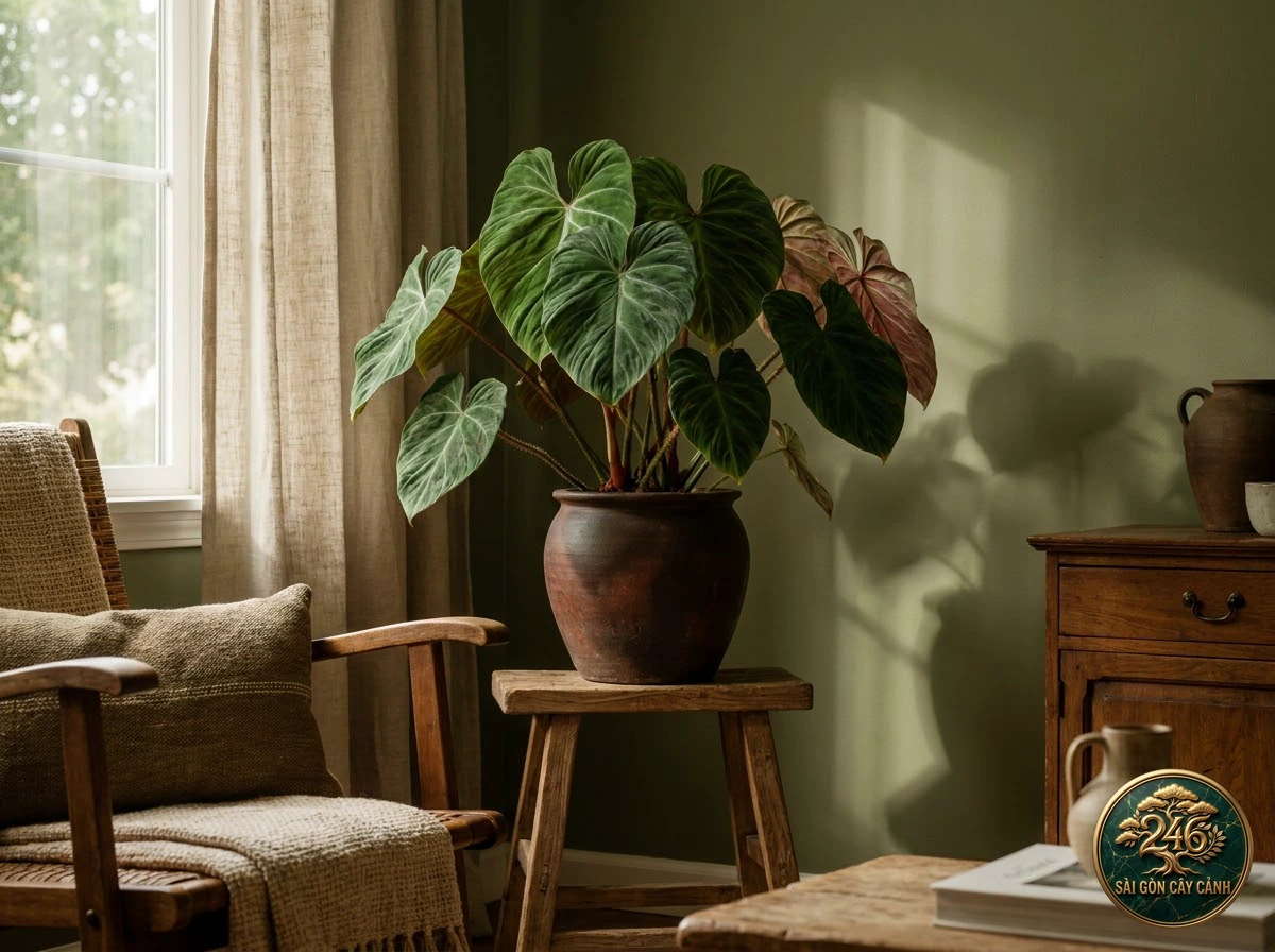 Ảnh phối cảnh Trầu bà lông nhung Philodendron verrucosum trong không gian nội thất Biophilic hiện đại