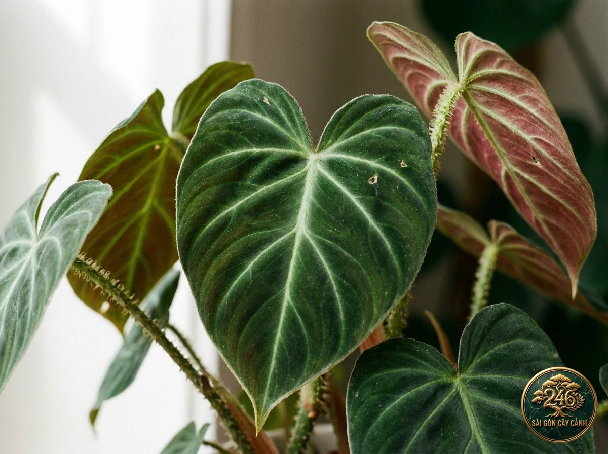 Ảnh chi tiết Trầu bà lông nhung Philodendron verrucosum: đặc điểm nhận diện hình thái học lá và thân
