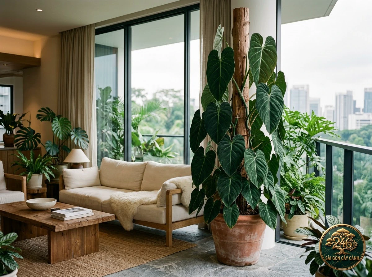 Ứng dụng bố trí Trầu bà nhung đen (Philodendron melanochrysum) trong không gian sống hiện đại