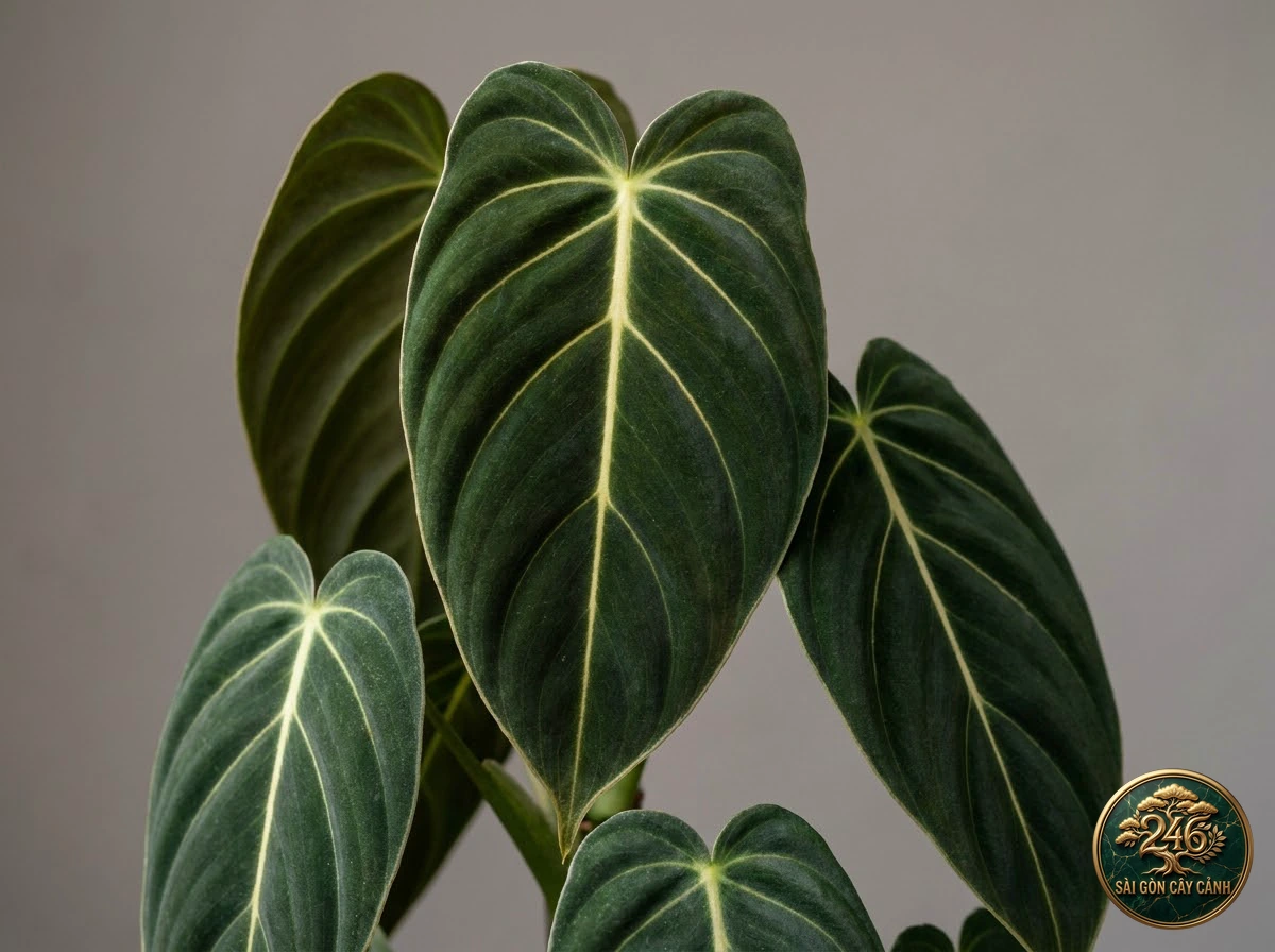 Ảnh chi tiết Trầu bà nhung đen Philodendron melanochrysum: đặc điểm nhận diện hình thái học lá và thân