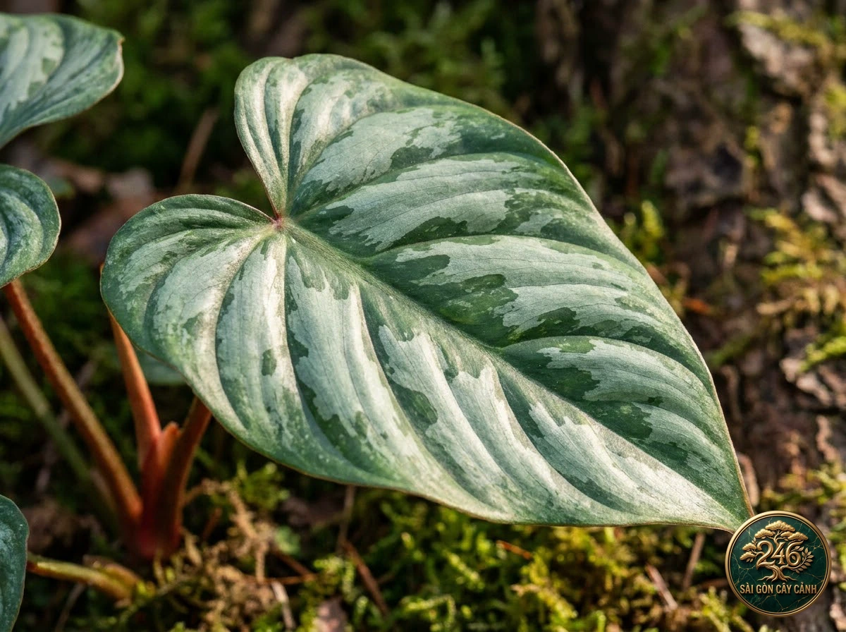 Ảnh chi tiết Trầu bà lá bạc đốm Philodendron mamei: đặc điểm nhận diện hình thái học lá và thân