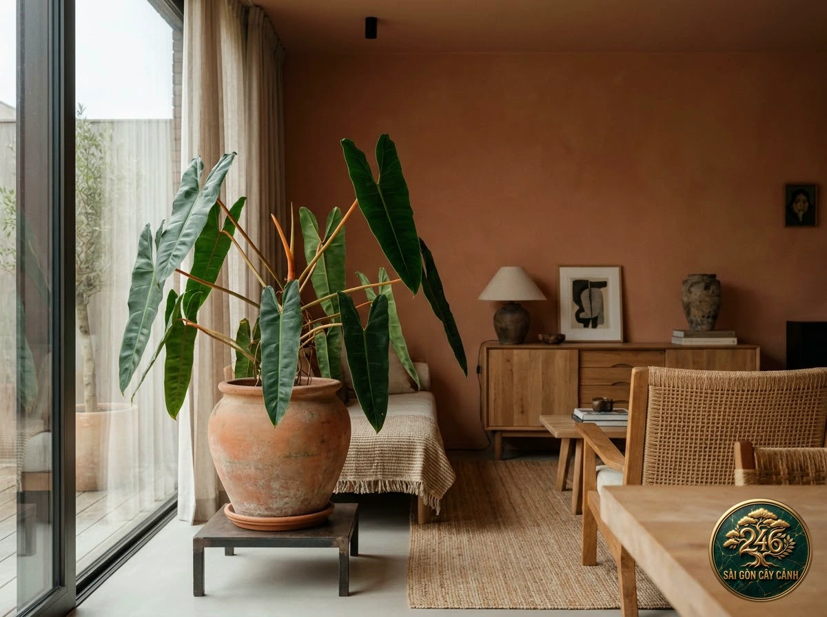 Ảnh phối cảnh Trầu bà cuống cam Philodendron billietiae trong không gian nội thất Biophilic hiện đại