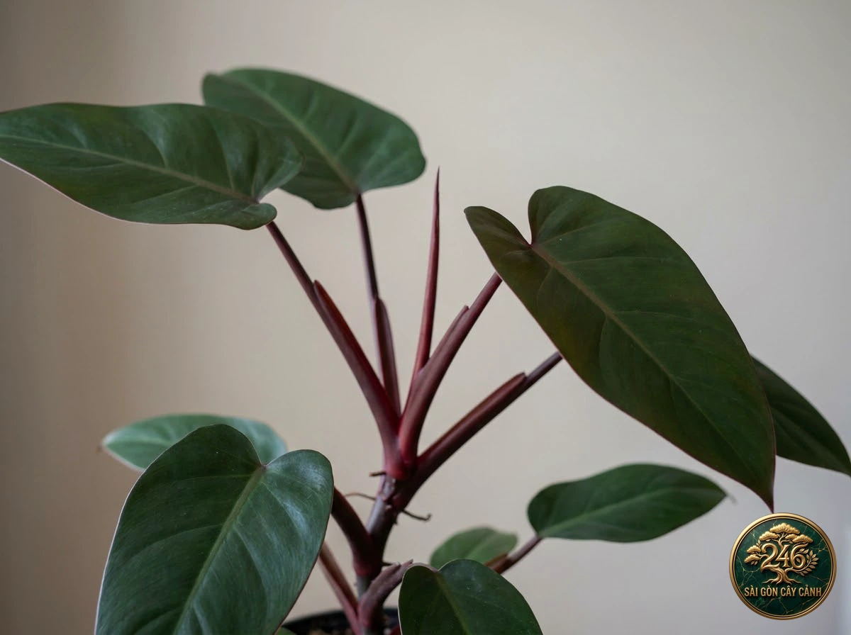 Ảnh chi tiết Trầu bà đỏ hoàng gia Philodendron erubescens: đặc điểm nhận diện hình thái học lá và thân