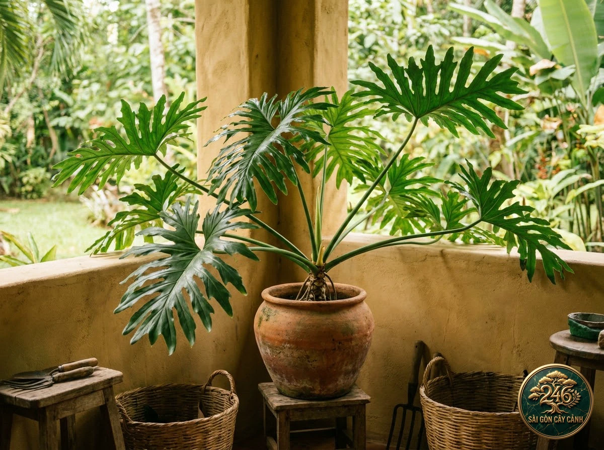 Ảnh phối cảnh Trầu bà lá rách mép Philodendron lacerum trong không gian nội thất Biophilic hiện đại