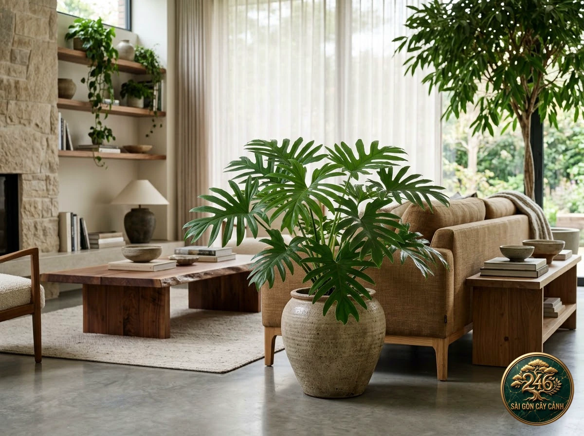 Ứng dụng bố trí Trầu bà lá chẻ sâu (Philodendron mayoi) trong không gian sống hiện đại