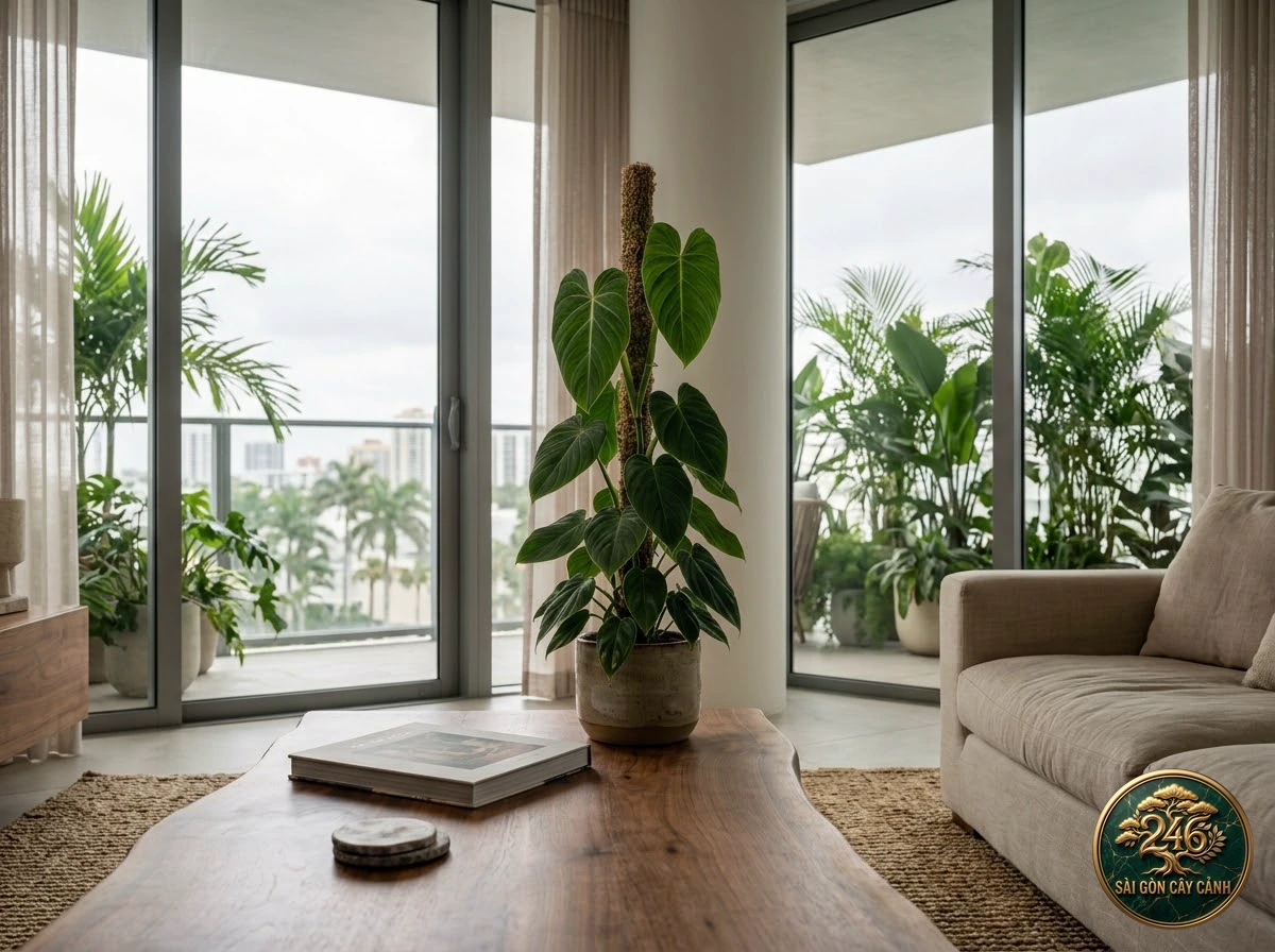Interior living-space placement of Velvety small philodendron (Philodendron camposportoanum)