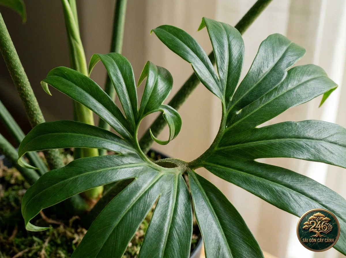 Ảnh chi tiết Trầu bà nan hoa Philodendron goeldii: đặc điểm nhận diện hình thái học lá và thân
