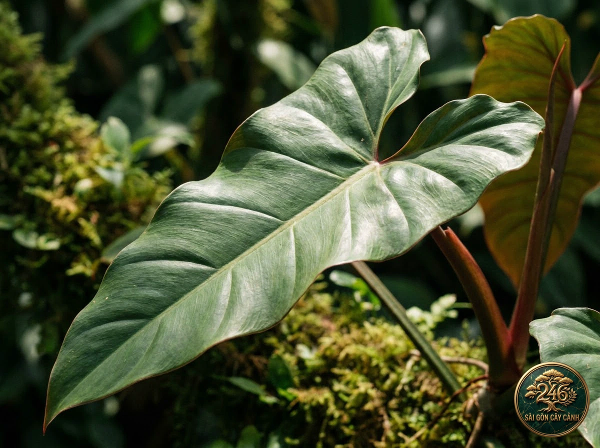 Ảnh chi tiết Trầu bà thánh linh Philodendron spiritus-sancti: đặc điểm nhận diện hình thái học lá và thân