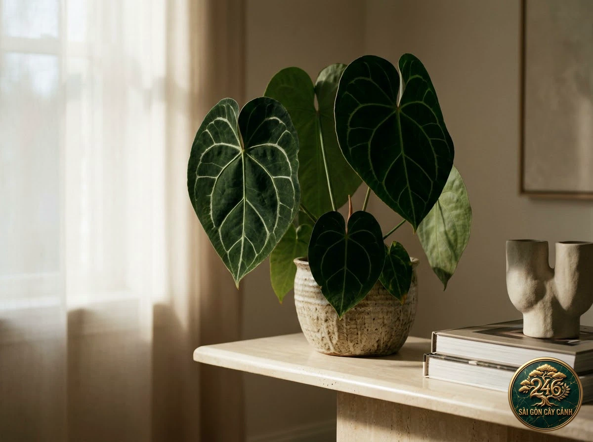 Ảnh phối cảnh Hồng môn nhung gân trắng Anthurium clarinervium trong không gian nội thất Biophilic hiện đại