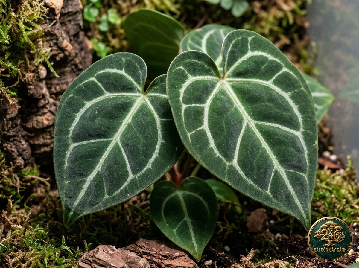 Ảnh chi tiết Hồng môn nhung gân trắng Anthurium clarinervium: đặc điểm nhận diện hình thái học lá và thân
