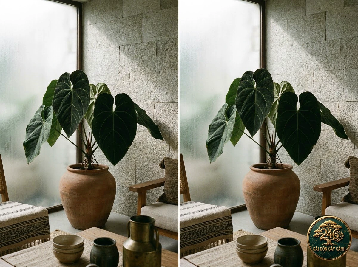 Ảnh phối cảnh Hồng môn hoàng gia Anthurium regale trong không gian nội thất Biophilic hiện đại