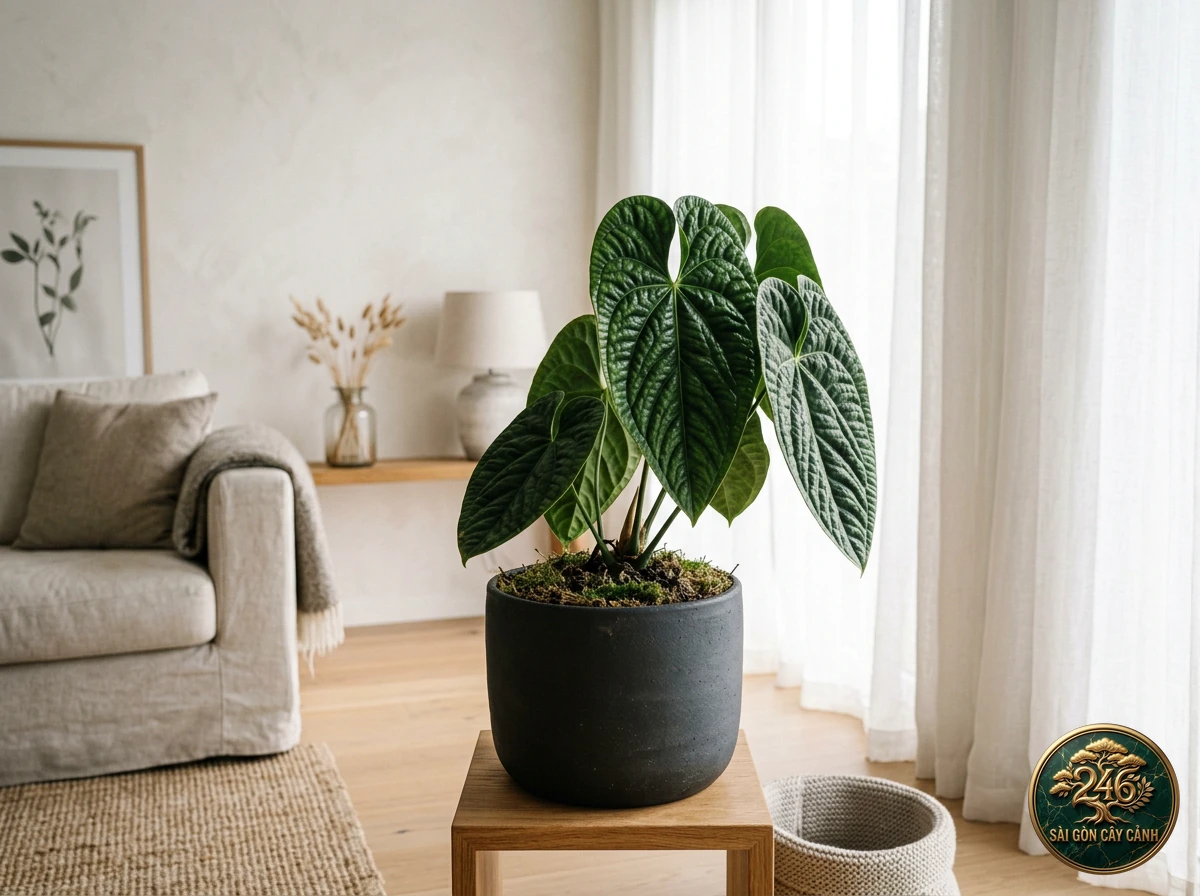 Hồng môn kim cương đen đặt trong chậu gốm mộc mạc tại phòng khách phong cách Bắc Âu Scandinavian