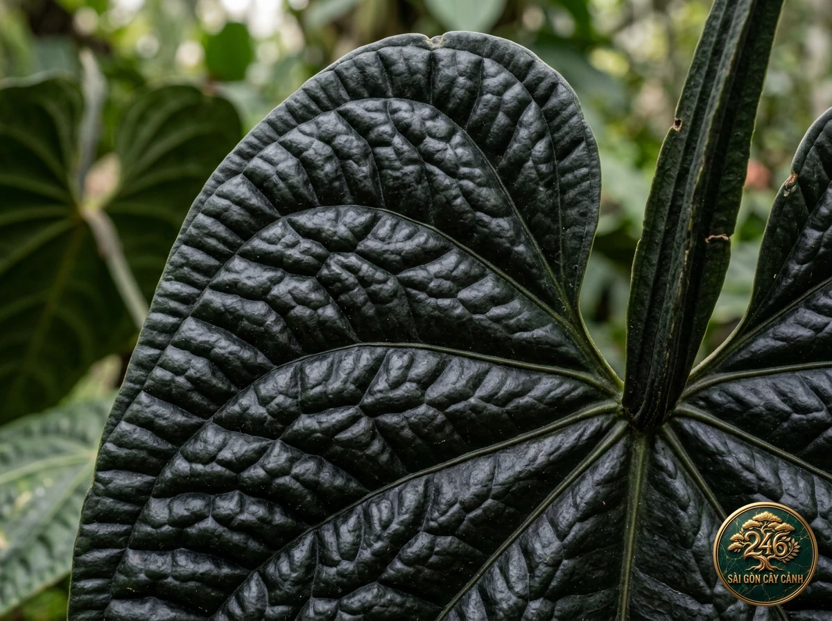 Cận cảnh phiến lá phồng rộp bullate và cuống lá 4 cạnh của Anthurium luxurians