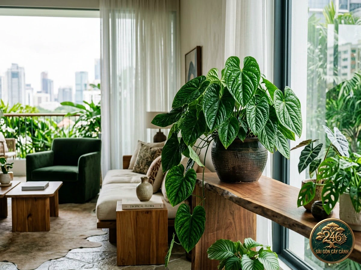 Ứng dụng bố trí Hồng môn bò lá nhăn (Anthurium radicans) trong không gian sống hiện đại