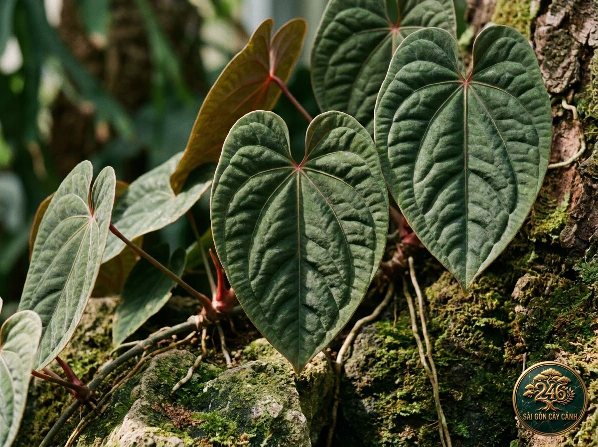 Ảnh chi tiết Hồng môn bò lá nhăn Anthurium radicans: đặc điểm nhận diện hình thái học lá và thân