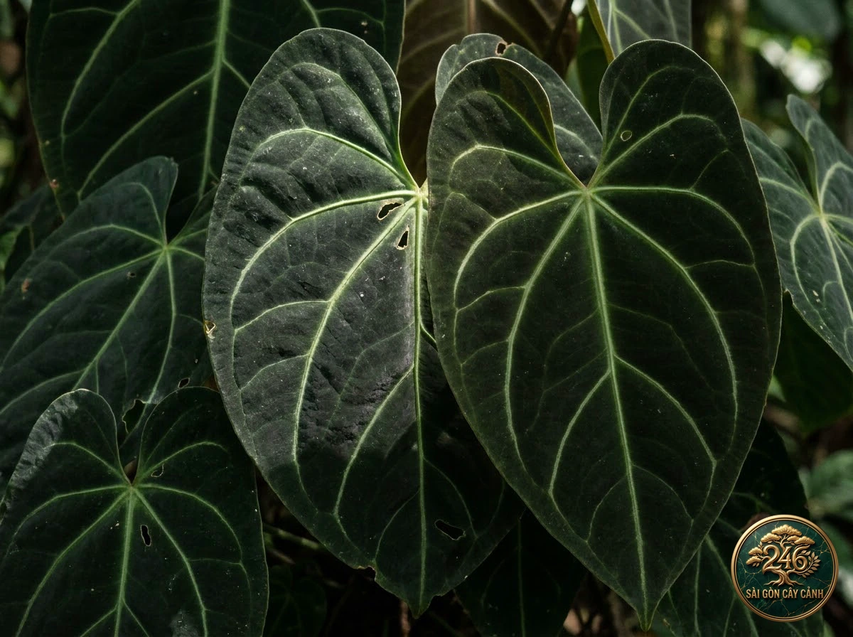 Ảnh chi tiết Hồng môn nhung lá đen Panama Anthurium dressleri: đặc điểm nhận diện hình thái học lá và thân