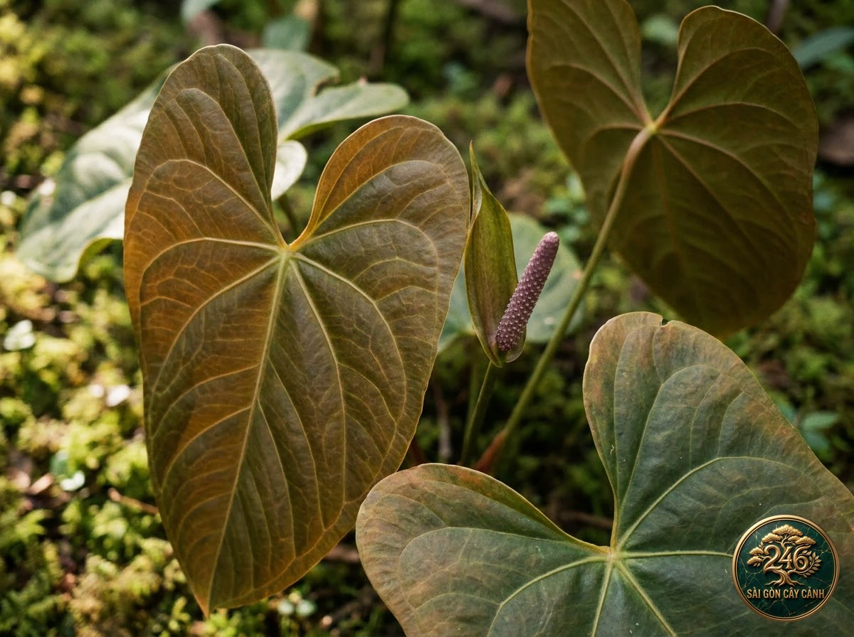 Botanical identification detail of Brown's anthurium (Anthurium brownii): morphological foliage and stem characteristics