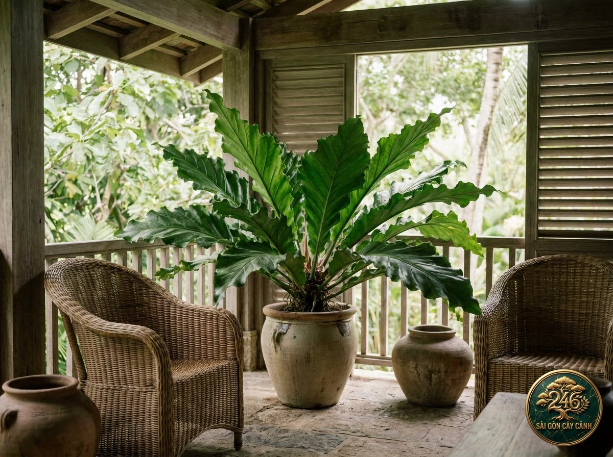 Ảnh phối cảnh Hồng môn gợn sóng Anthurium plowmanii trong không gian nội thất Biophilic hiện đại