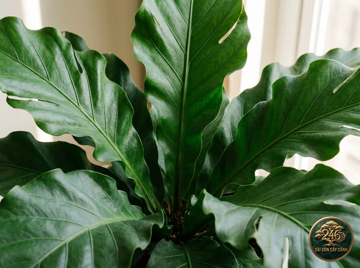 Botanical identification detail of Birdsnest anthurium (Anthurium hookeri): morphological foliage and stem characteristics