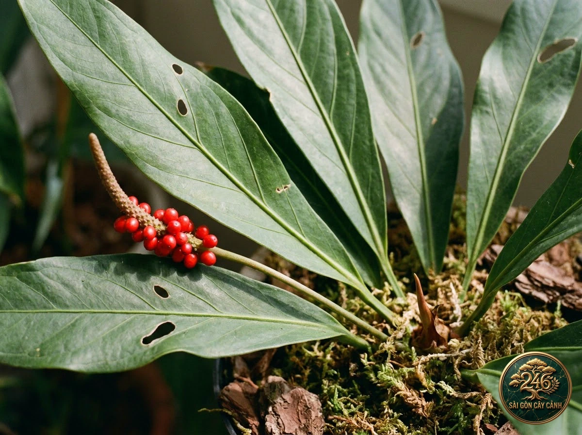 Ảnh chi tiết Hồng môn trái đỏ Anthurium gracile: đặc điểm nhận diện hình thái học lá và thân