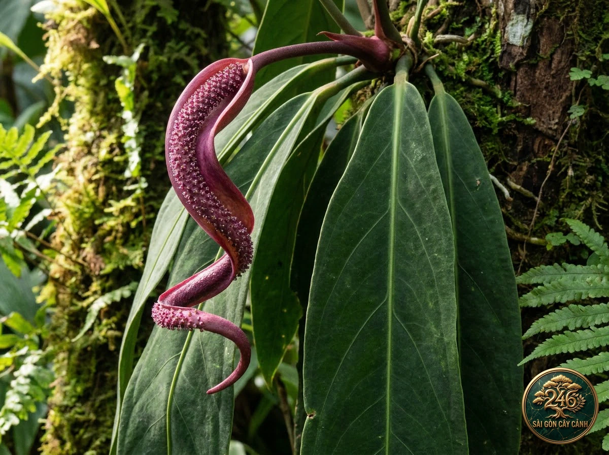 Ảnh chi tiết Hồng môn lá liễu Anthurium wendlingeri: đặc điểm nhận diện hình thái học lá và thân