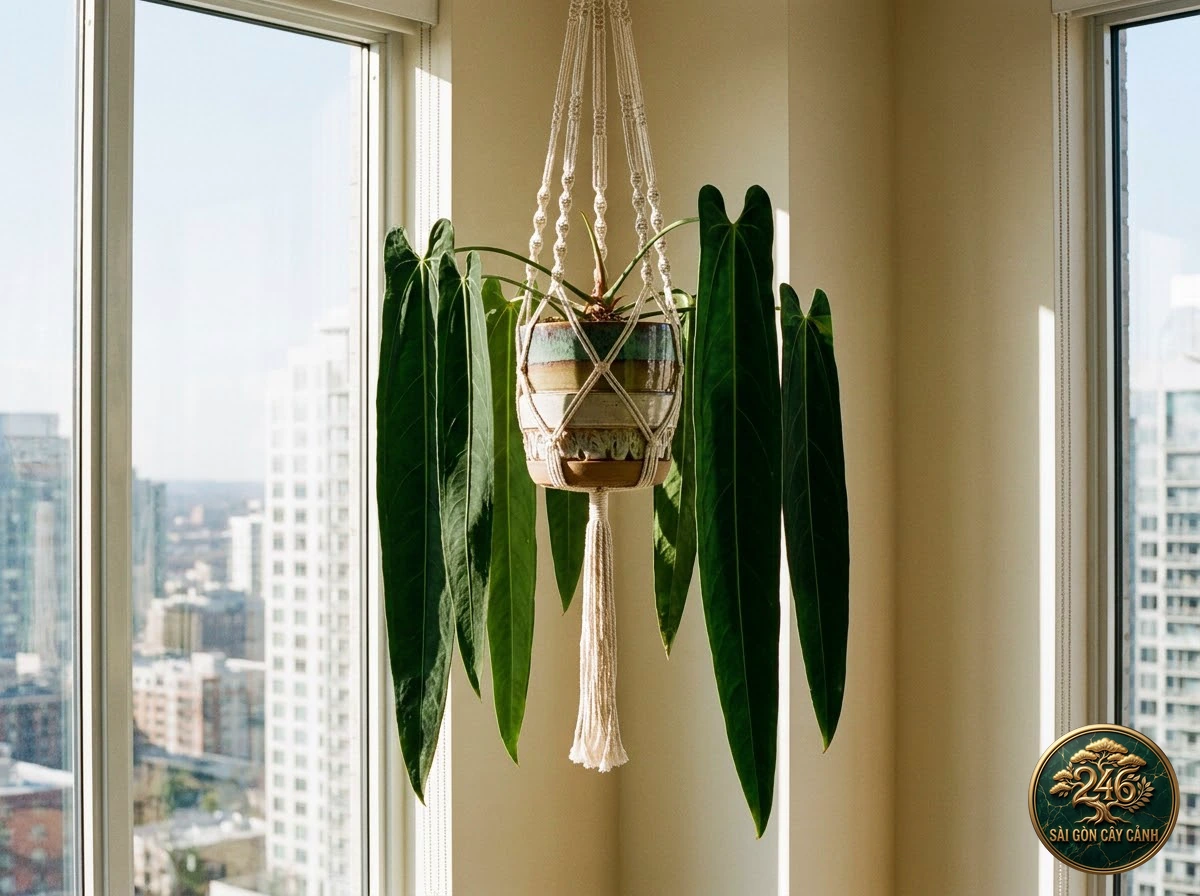 Ảnh phối cảnh Hồng môn lá rủ Anthurium pendulifolium trong không gian nội thất Biophilic hiện đại