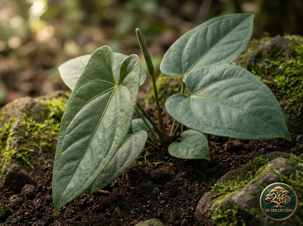Ảnh chi tiết Hồng môn lá da cứng Anthurium coriaceum: đặc điểm nhận diện hình thái học lá và thân