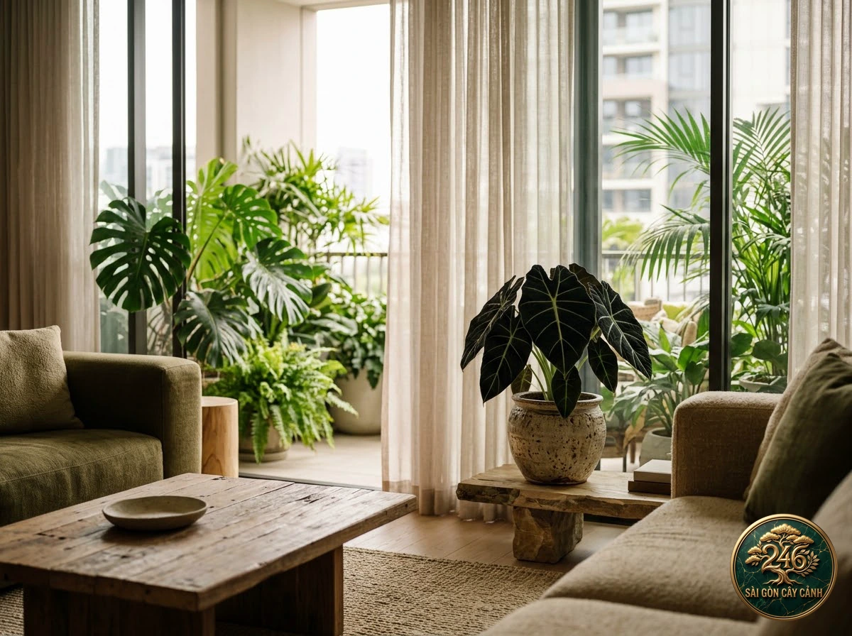 Interior living-space placement of Black velvet alocasia (Alocasia reginula)