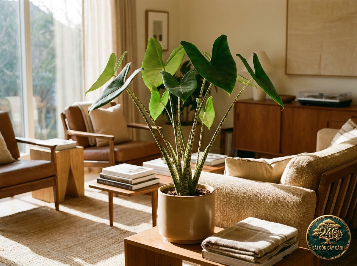 Ảnh phối cảnh Ráy cuống vằn Alocasia zebrina trong không gian nội thất Biophilic hiện đại