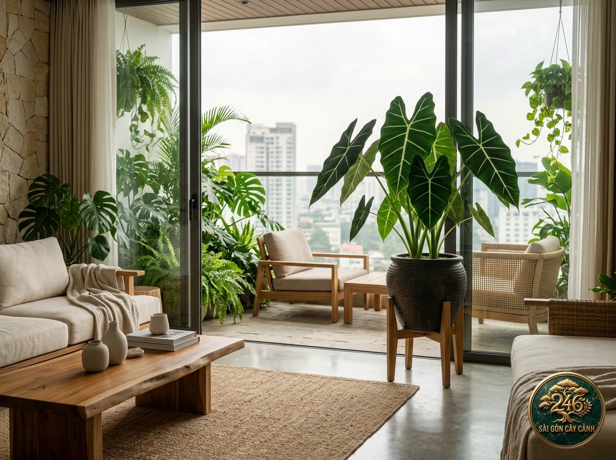 Ứng dụng bố trí Ráy nhung xanh gân trắng (Alocasia micholitziana) trong không gian sống hiện đại