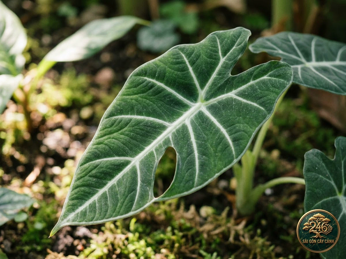 Ảnh chi tiết Ráy nhung xanh gân trắng Alocasia micholitziana: đặc điểm nhận diện hình thái học lá và thân