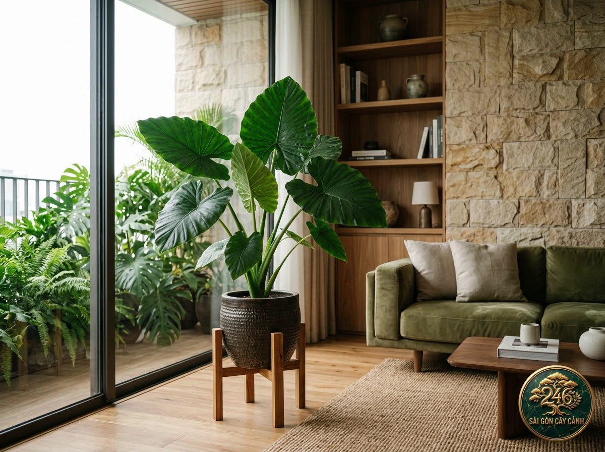 Interior living-space placement of Hardy elephant ear (Alocasia wentii)