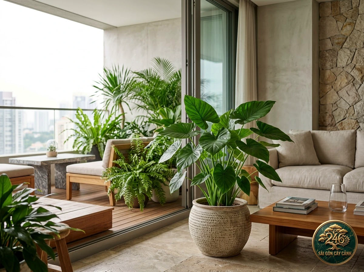 Ứng dụng bố trí Ráy phật thủ (Alocasia cucullata) trong không gian sống hiện đại