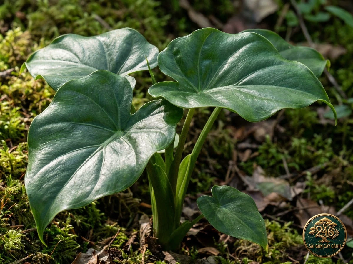 Ảnh chi tiết Ráy phật thủ Alocasia cucullata: đặc điểm nhận diện hình thái học lá và thân