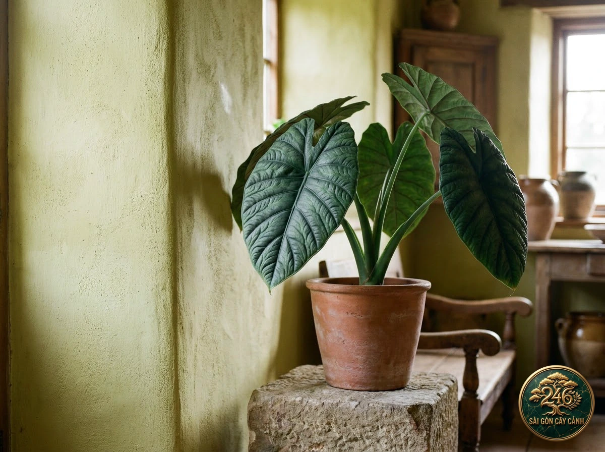 Ảnh phối cảnh Ráy dưa ngọc Alocasia melo trong không gian nội thất Biophilic hiện đại
