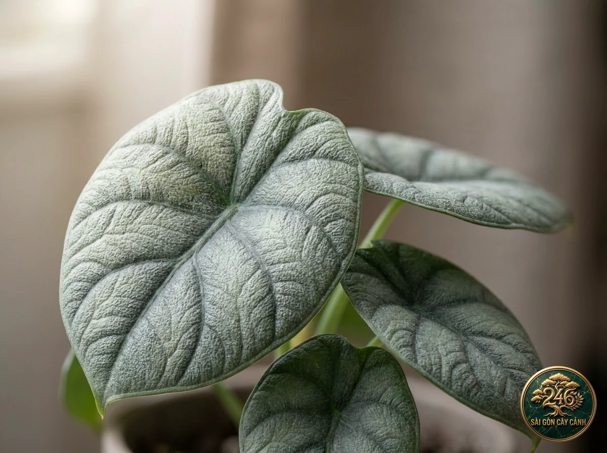 Ảnh chi tiết Ráy dưa ngọc Alocasia melo: đặc điểm nhận diện hình thái học lá và thân