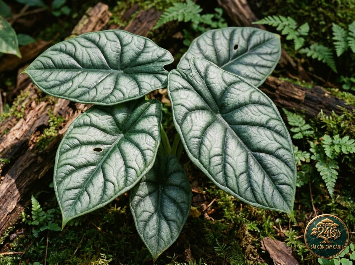Ảnh chi tiết Ráy vảy rồng xanh Alocasia sinuata: đặc điểm nhận diện hình thái học lá và thân