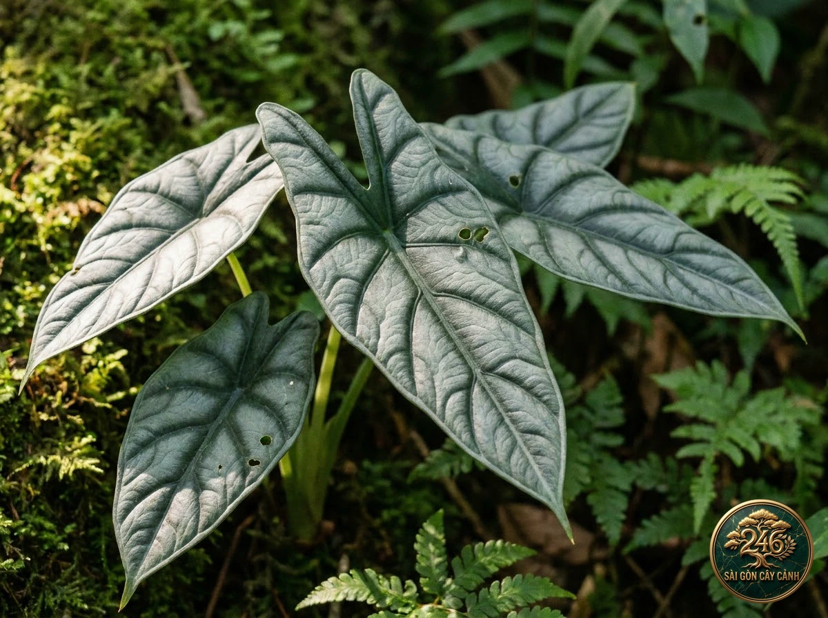 Ảnh chi tiết Ráy lá dao găm Alocasia scalprum: đặc điểm nhận diện hình thái học lá và thân
